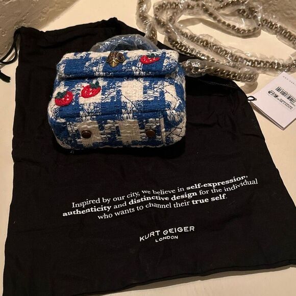 Kurt Geiger Mini Handle Kensington Bag Blue Tweed Plaid Strawberry Print Kawaii - Picture 13 of 14